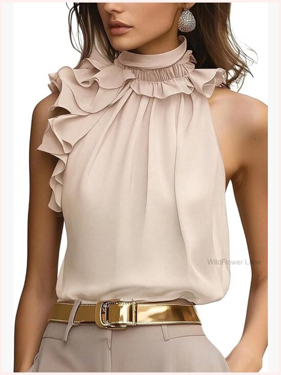 Tops - Elegant Blouse Ruffle Trim Sleeveless Mock Neck Halter Tank Top Office Outfit